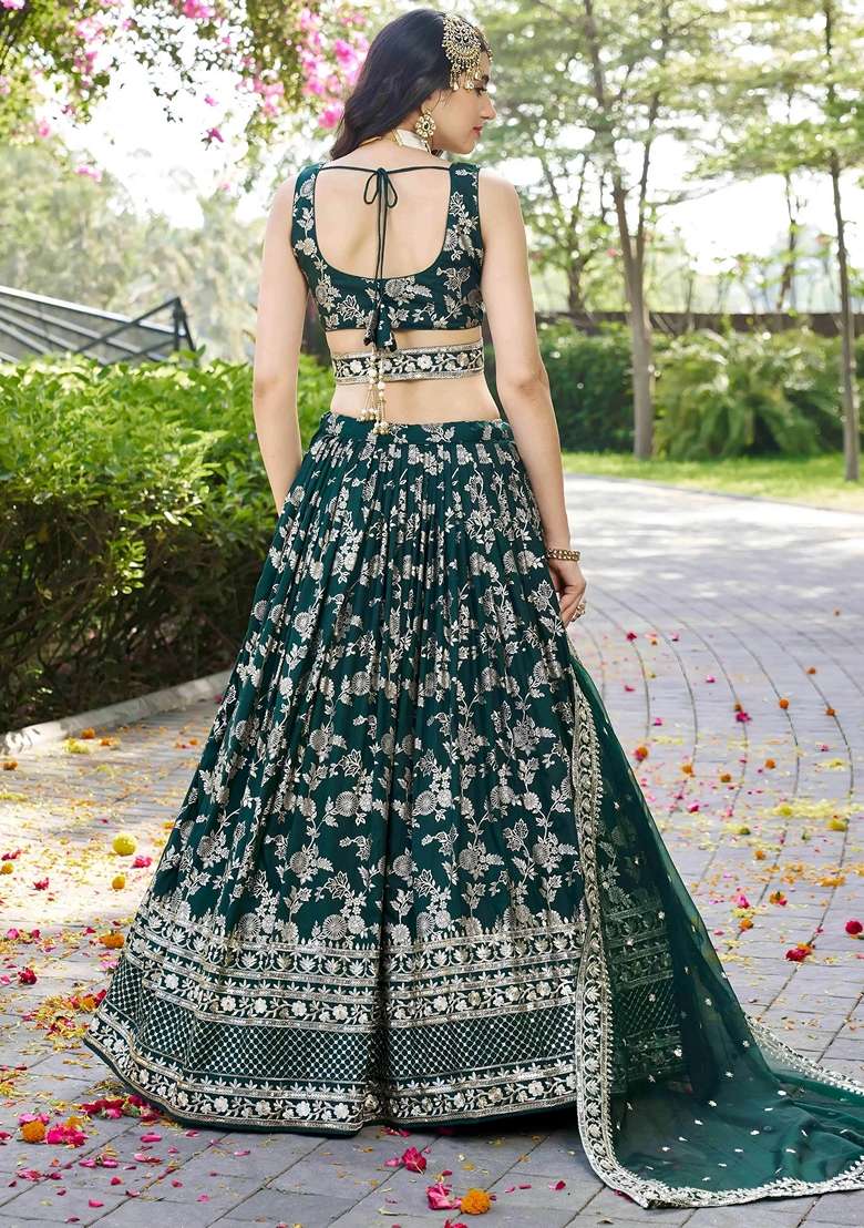 Green Silk Blend Lehenga Set with Embroidery for Diwali | Wedding & Festive Wear - Indya