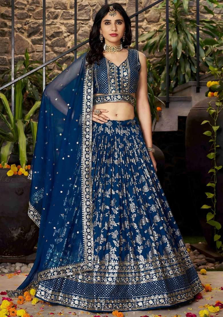 Blue Embroidery Silk Blend Lehenga Set for Diwali and Festive Wear - Indya