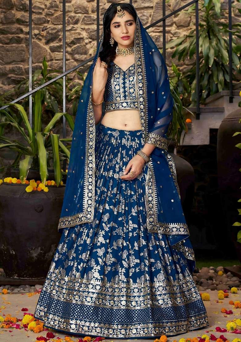 Blue Embroidery Silk Blend Lehenga Set for Diwali and Festive Wear - Indya