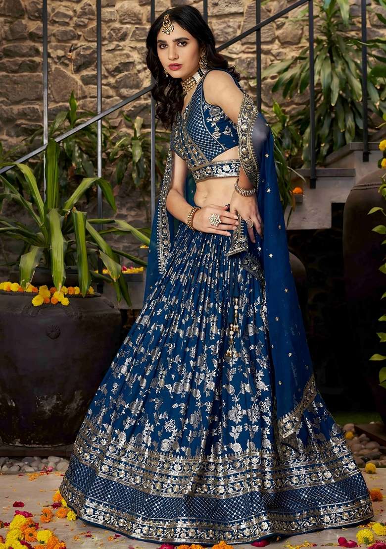 Blue Embroidery Silk Blend Lehenga Set for Diwali and Festive Wear - Indya