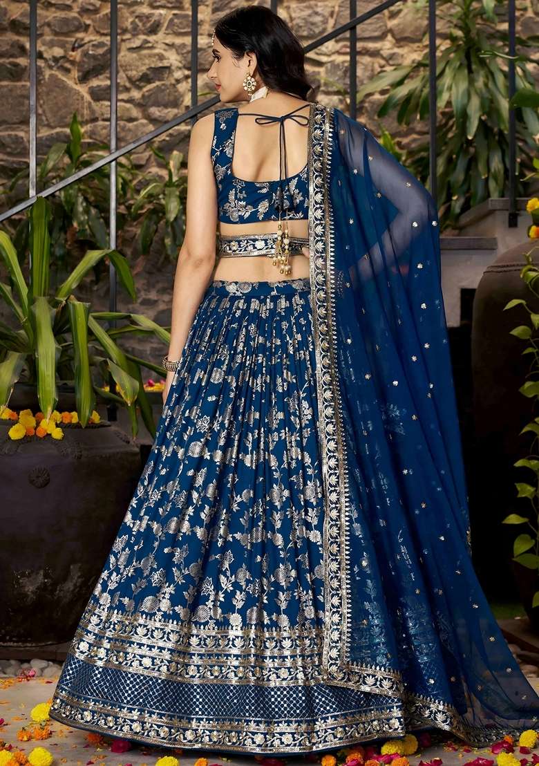 Blue Embroidery Silk Blend Lehenga Set for Diwali and Festive Wear - Indya