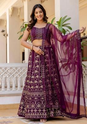 Wine Embroidery Georgette Lehenga Set