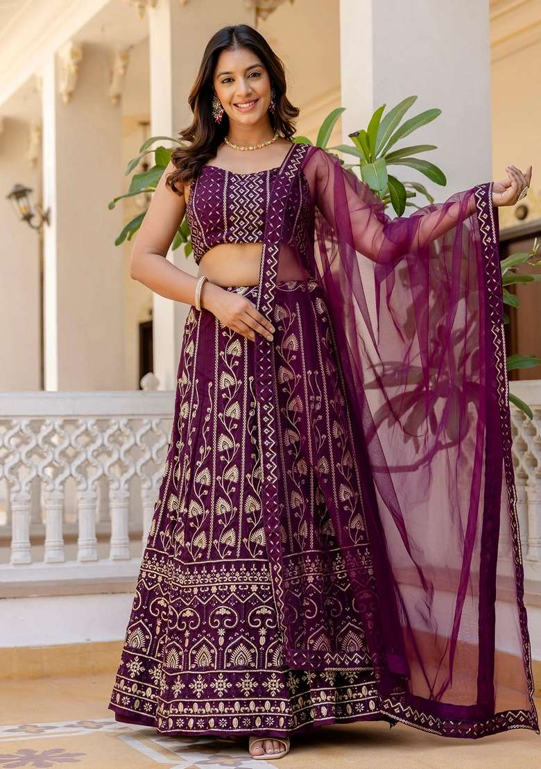 Wine Georgette Lehenga Set with Embroidery for Diwali | Wedding & Festive Wear - Indya
