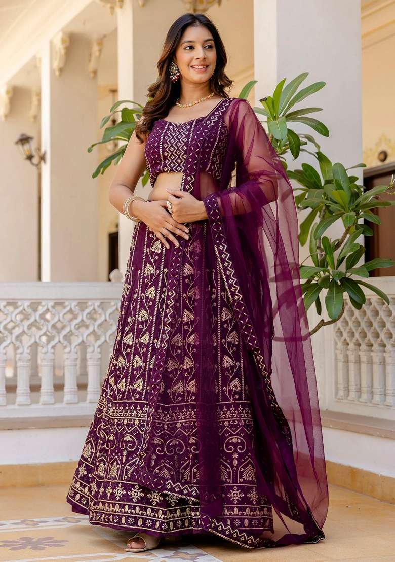 Wine Georgette Lehenga Set with Embroidery for Diwali | Wedding & Festive Wear - Indya