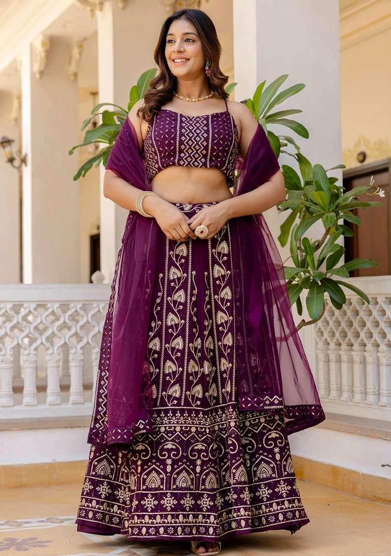 Wine Georgette Lehenga Set with Embroidery for Diwali | Wedding & Festive Wear - Indya