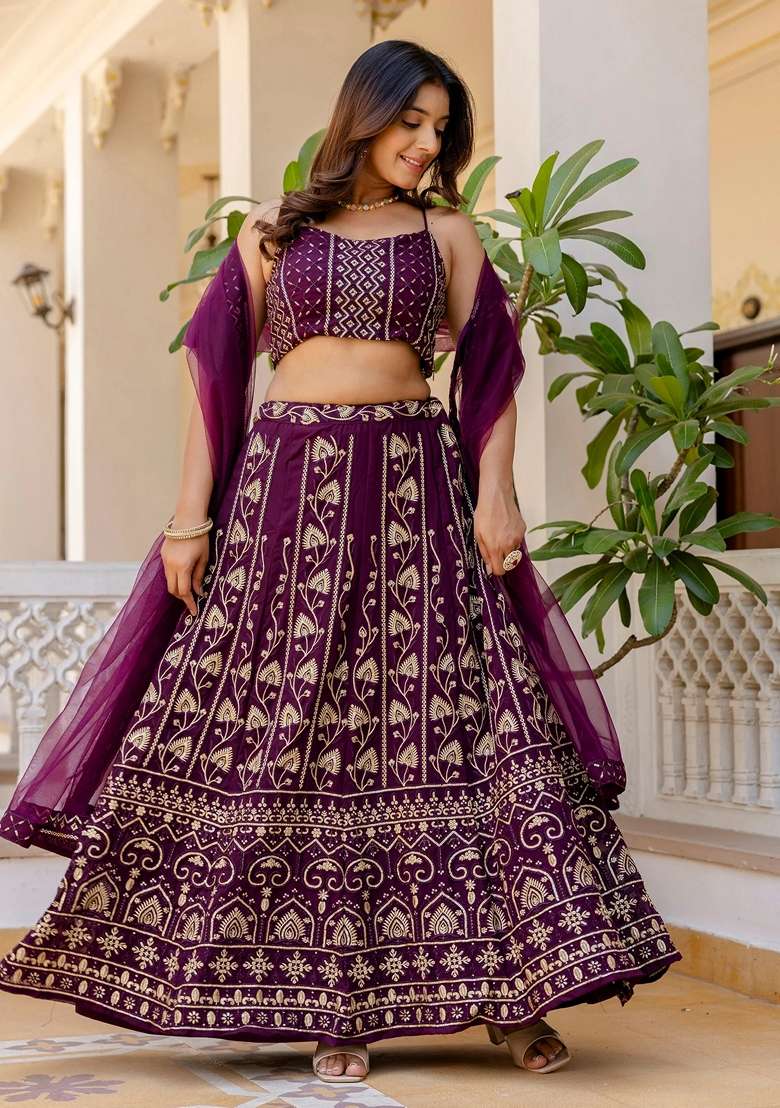 Wine Georgette Lehenga Set with Embroidery for Diwali | Wedding & Festive Wear - Indya