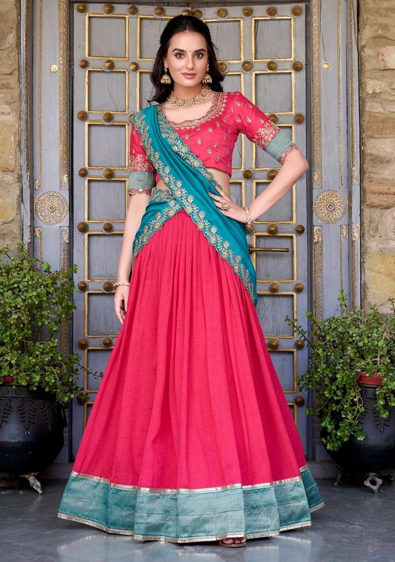 Pink Embroidery Silk Blend Lehenga Set - Indya