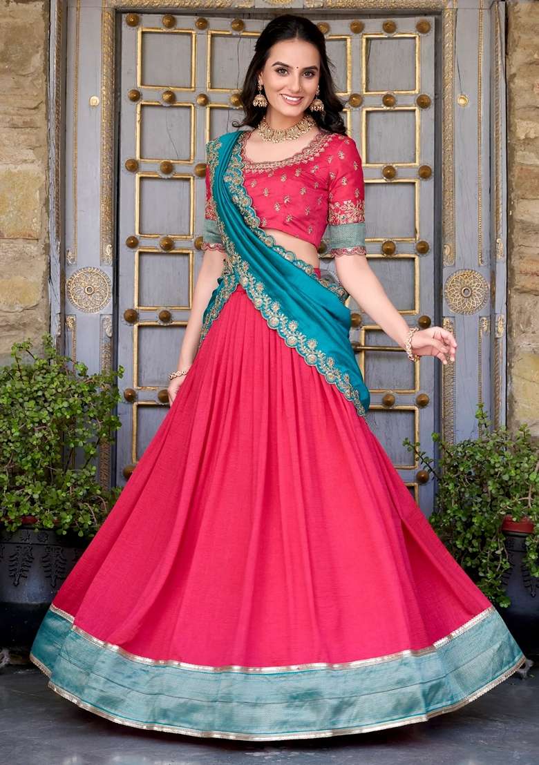 Pink Embroidery Silk Blend Lehenga Set - Indya
