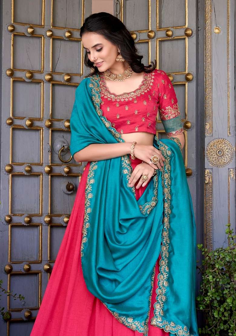 Pink Embroidery Silk Blend Lehenga Set - Indya