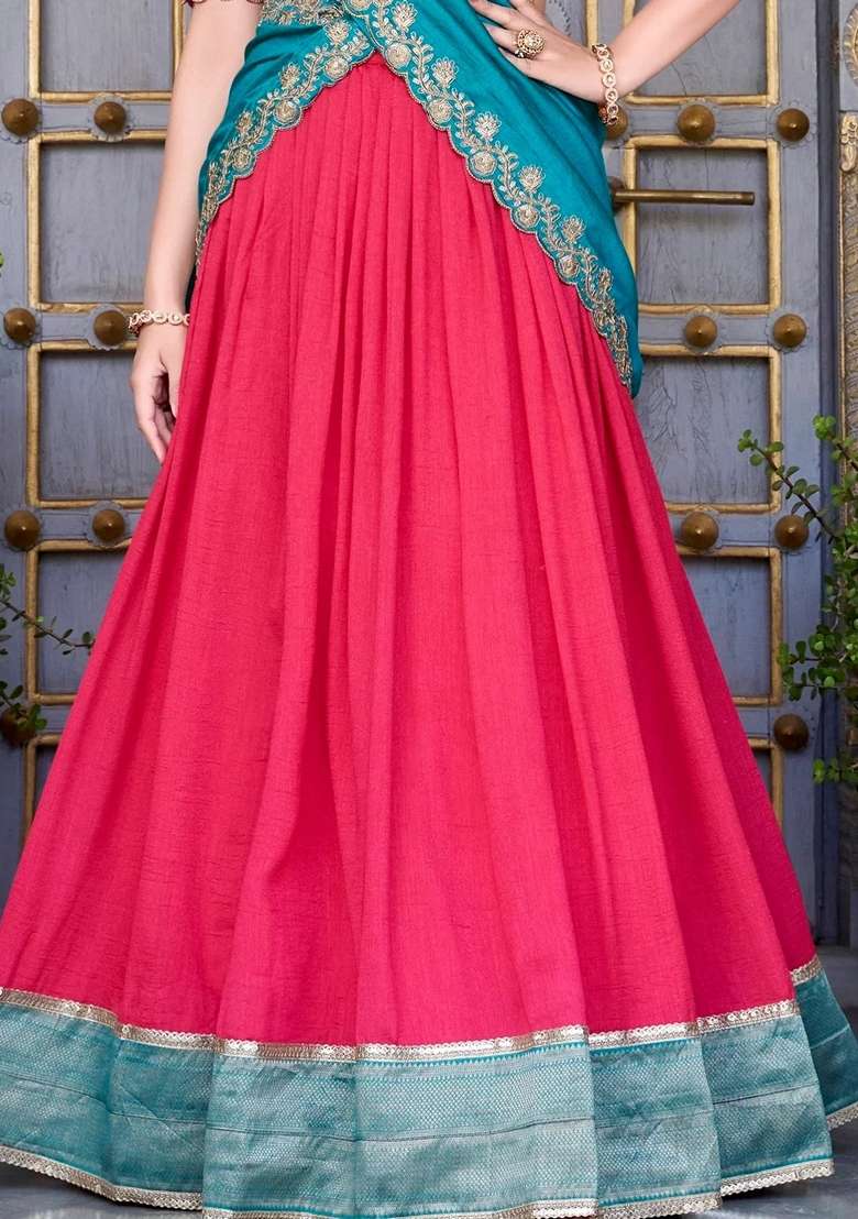 Pink Embroidery Silk Blend Lehenga Set - Indya