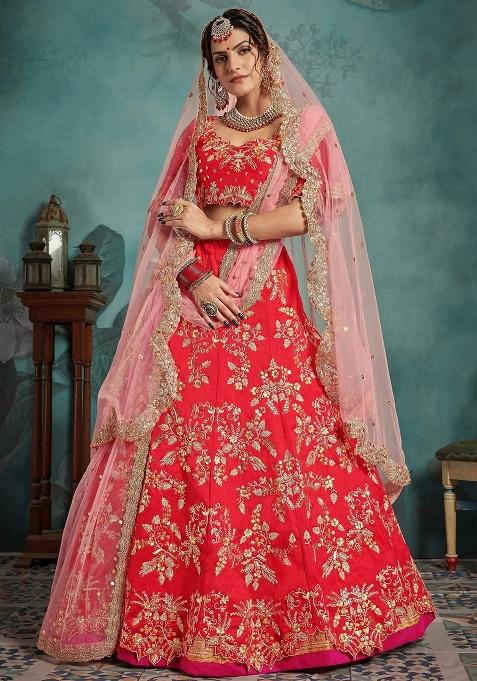 Red Sequins Silk Lehenga Set — view on Indya