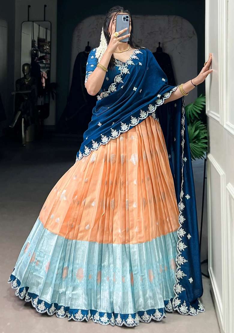 Orange Silk Blend Lehenga Set with Embroidery for Diwali | Wedding & Festive Wear - Indya