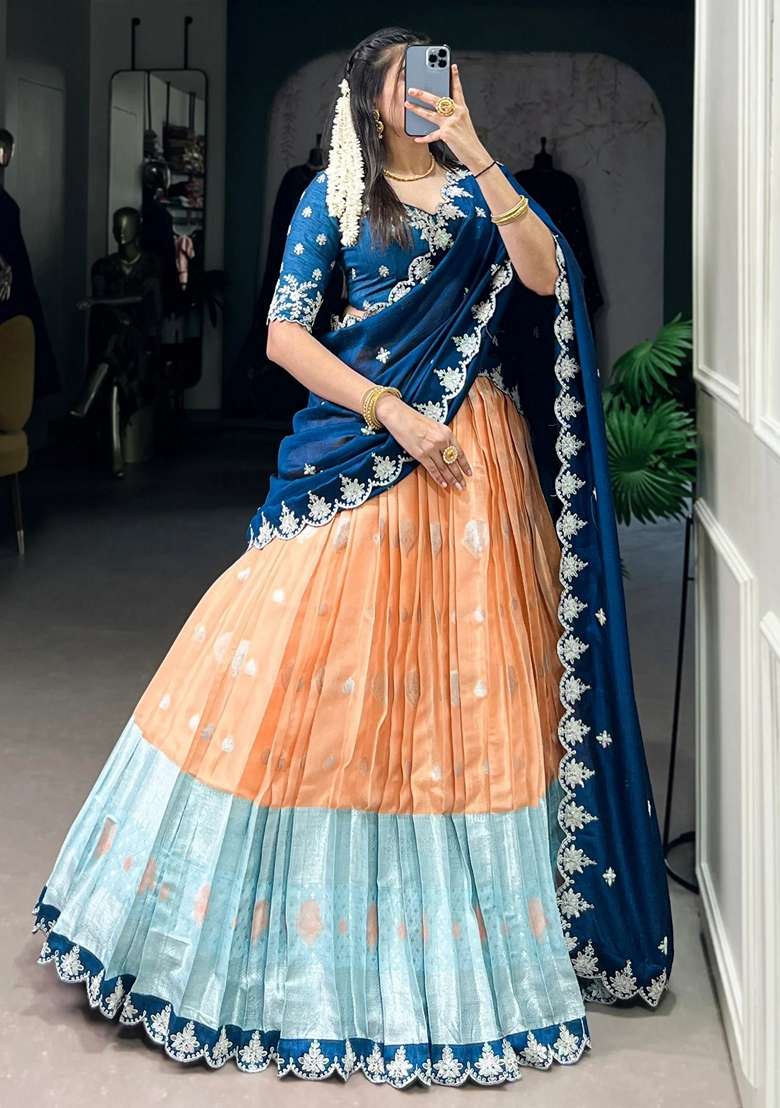 Orange Silk Blend Lehenga Set with Embroidery for Diwali | Wedding & Festive Wear - Indya