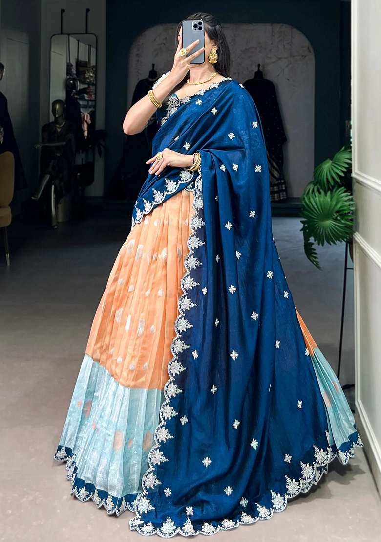Orange Silk Blend Lehenga Set with Embroidery for Diwali | Wedding & Festive Wear - Indya