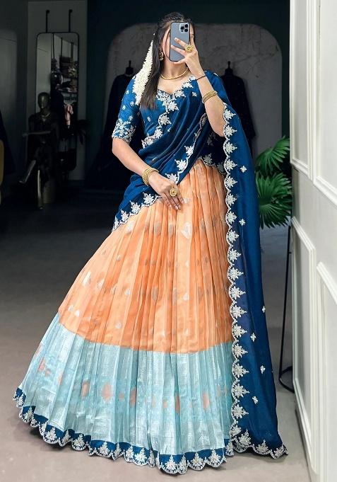 Orange Embroidery Silk Lehenga Set — view on Indya