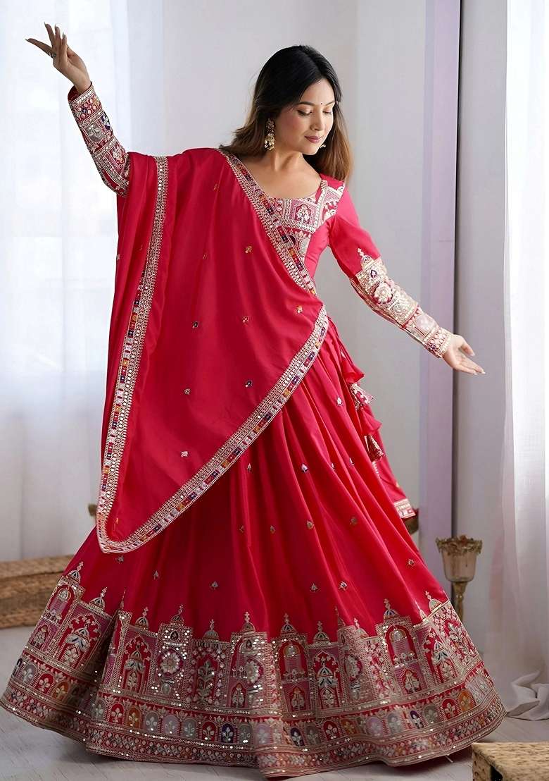 Pink Crepe Lehenga Set with Embroidery for Diwali | Wedding & Festive Wear - Indya
