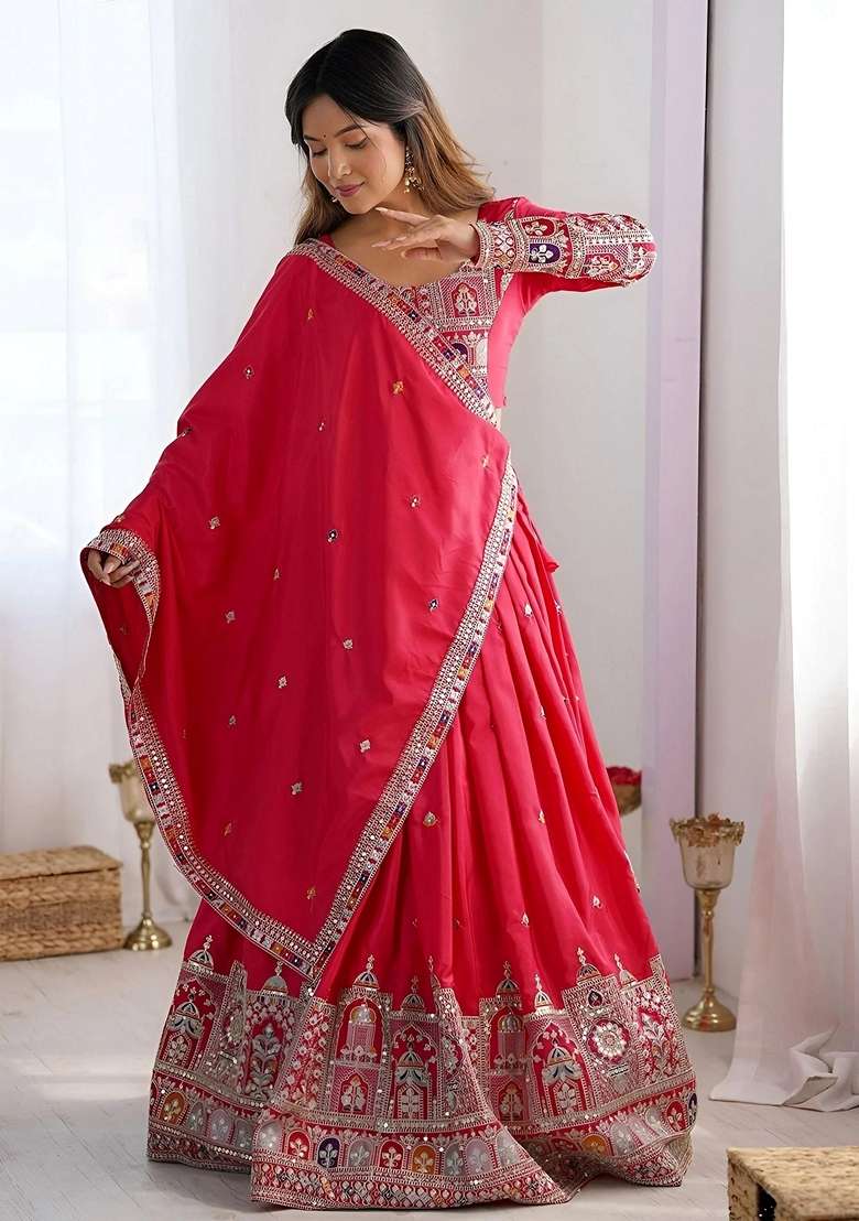 Pink Crepe Lehenga Set with Embroidery for Diwali | Wedding & Festive Wear - Indya