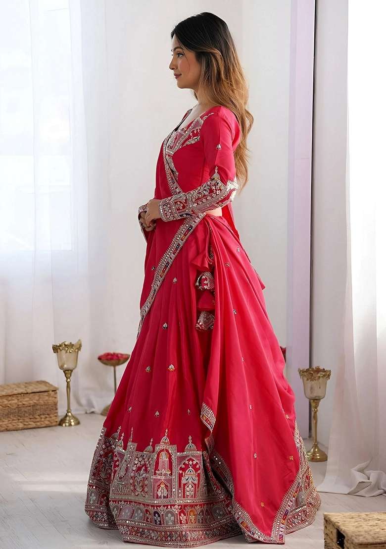Pink Crepe Lehenga Set with Embroidery for Diwali | Wedding & Festive Wear - Indya