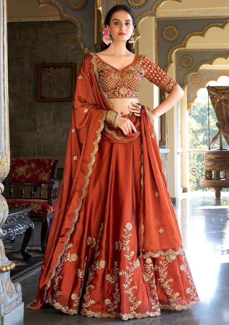 Orange Embroidery Silk Blend Lehenga Set for Diwali and Festive Wear - Indya