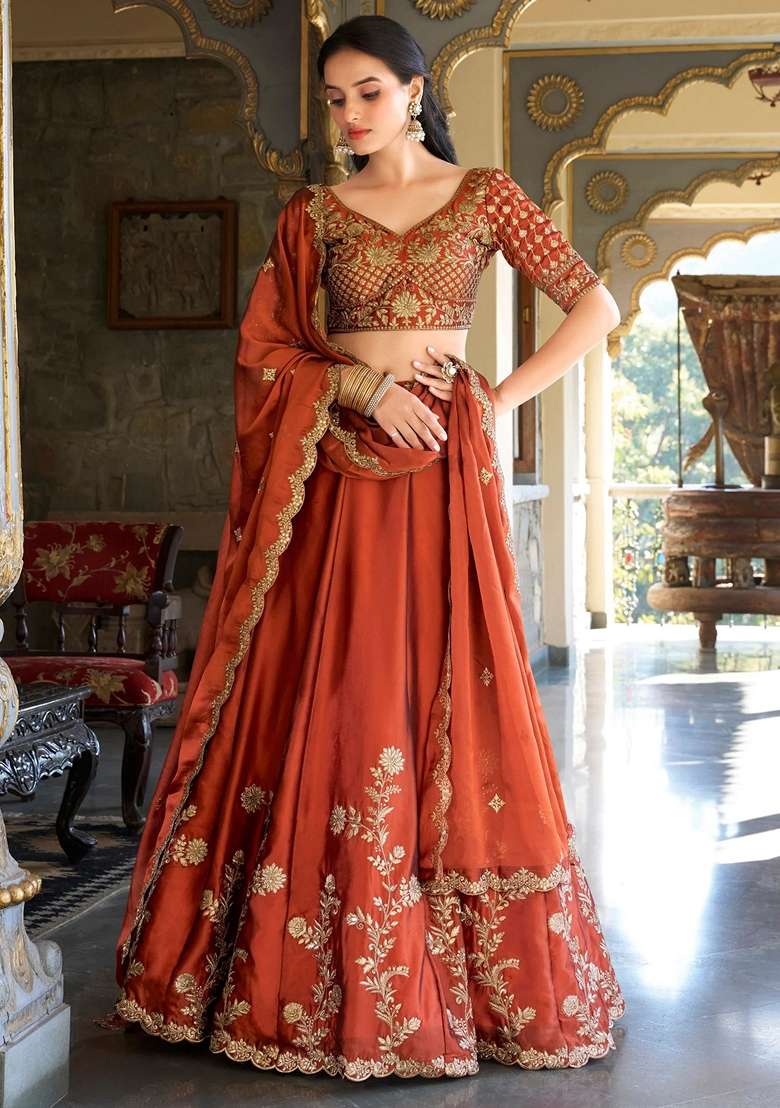 Orange Embroidery Silk Blend Lehenga Set for Diwali and Festive Wear - Indya