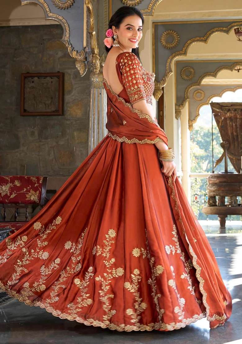 Orange Embroidery Silk Blend Lehenga Set for Diwali and Festive Wear - Indya