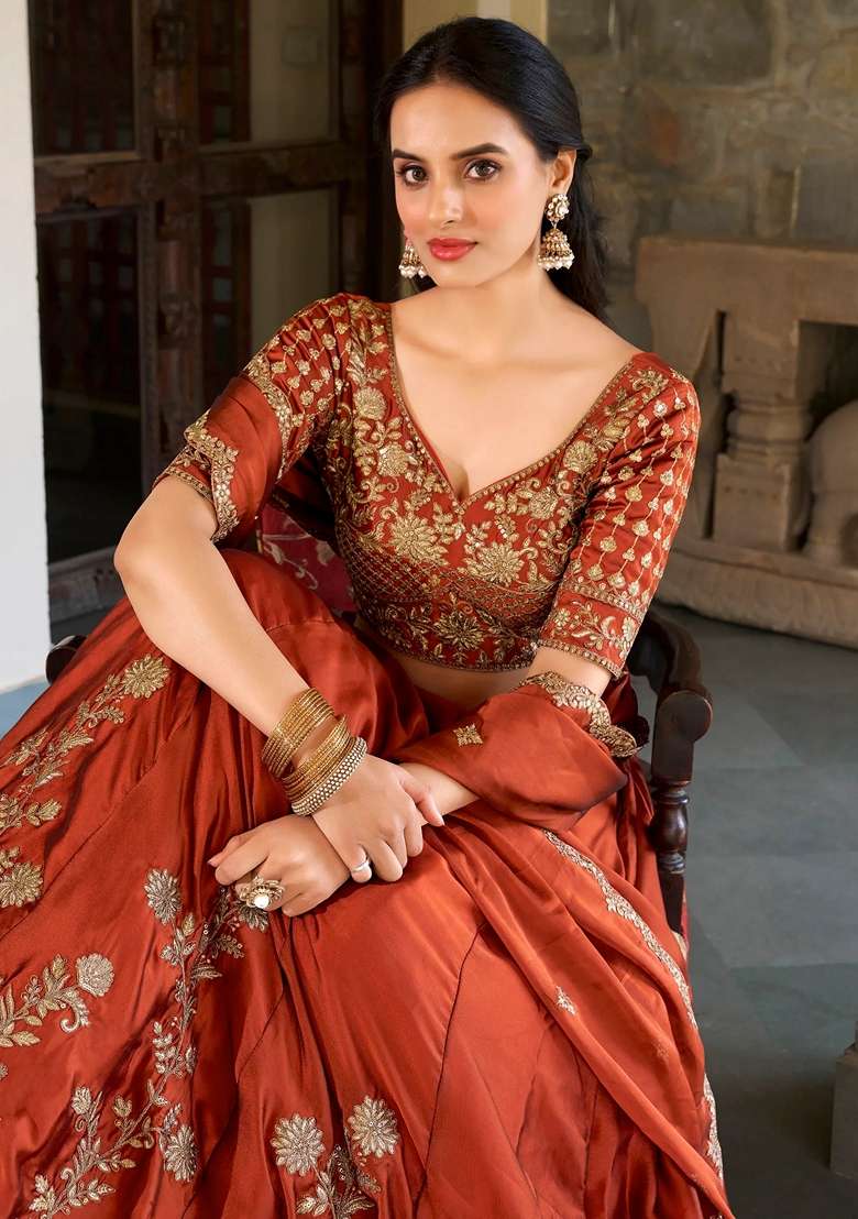 Orange Embroidery Silk Blend Lehenga Set for Diwali and Festive Wear - Indya