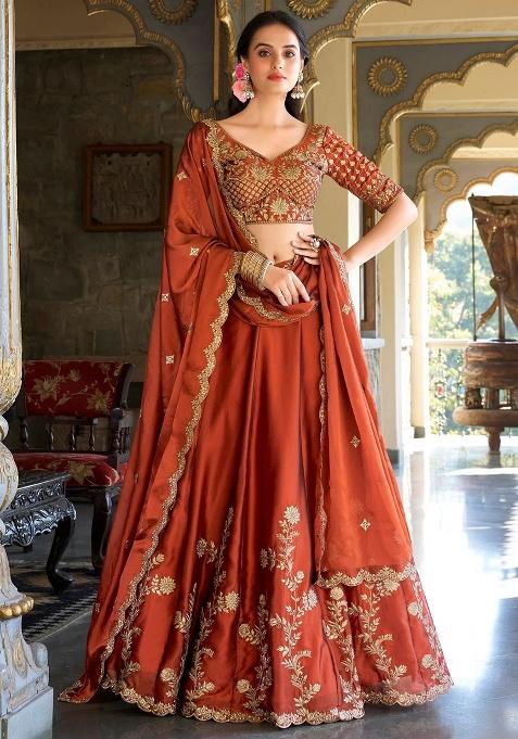 Orange Embroidery Silk Lehenga Set — view on Indya