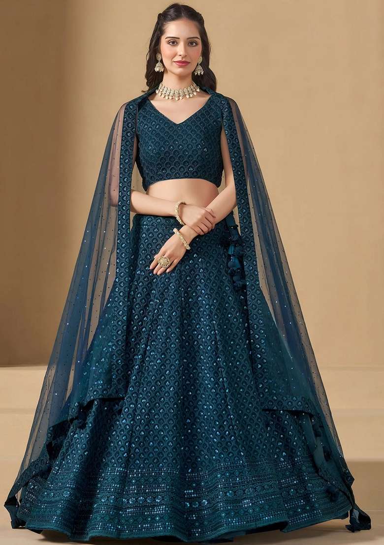 Blue Embroidery Georgette Lehenga Set for Diwali and Festive Wear - Indya