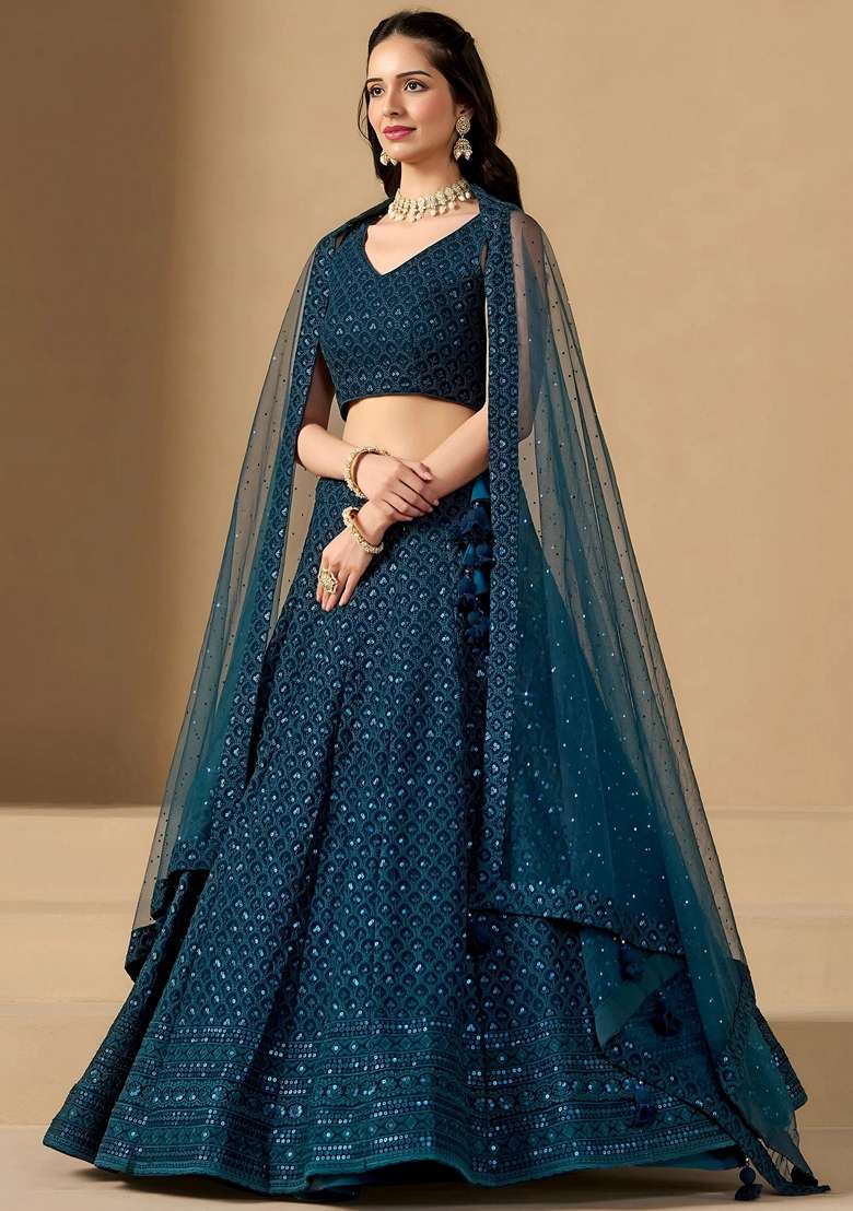 Blue Embroidery Georgette Lehenga Set for Diwali and Festive Wear - Indya