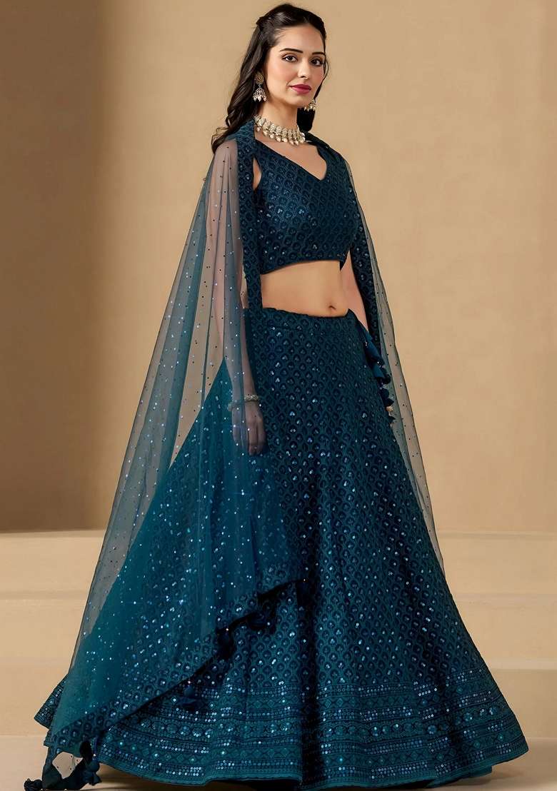 Blue Embroidery Georgette Lehenga Set for Diwali and Festive Wear - Indya