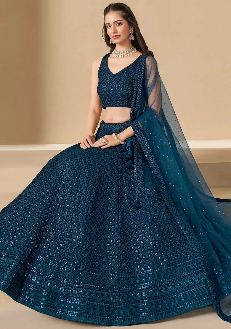 Blue Embroidery Georgette Lehenga Set for Diwali and Festive Wear - Indya