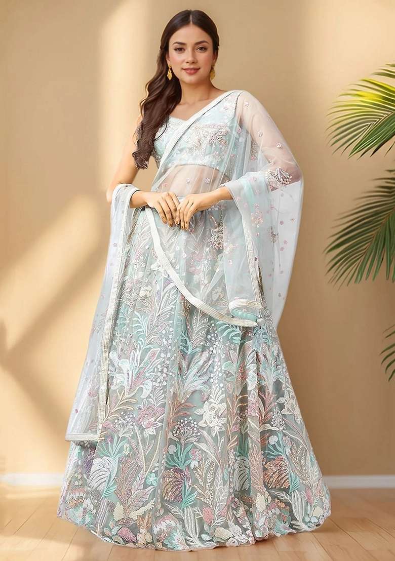 Green Embroidery Net Lehenga Set for Diwali and Festive Wear - Indya