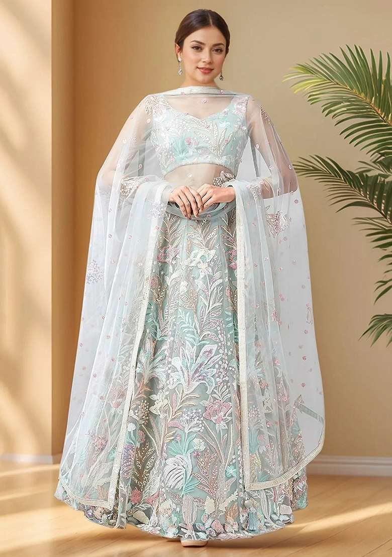 Green Embroidery Net Lehenga Set for Diwali and Festive Wear - Indya