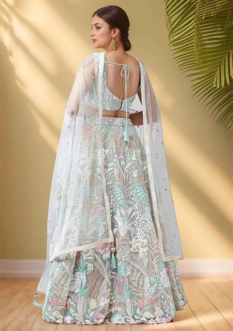 Green Embroidery Net Lehenga Set for Diwali and Festive Wear - Indya