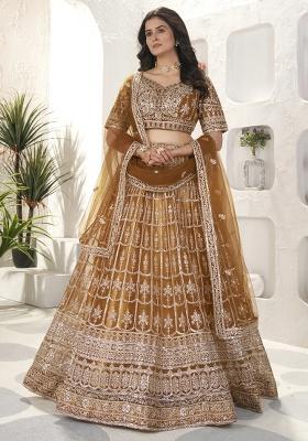 Brown Embroidery Net Lehenga Set