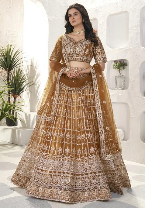 Brown Embroidery Net Lehenga Set