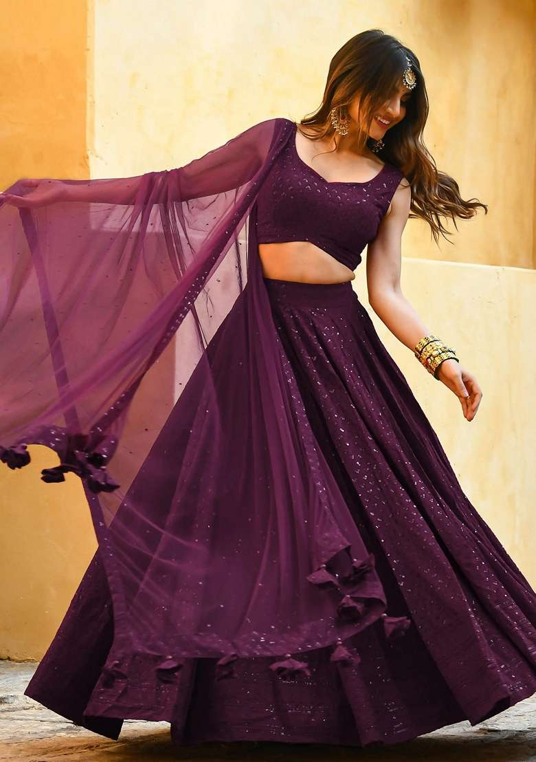 Purple Embroidery Georgette Lehenga Set for Diwali and Festive Wear - Indya