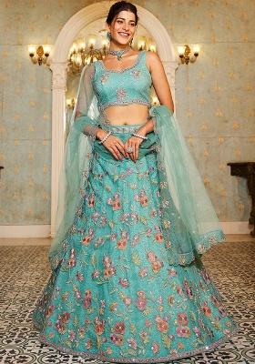 Green Embroidery Net Lehenga Set