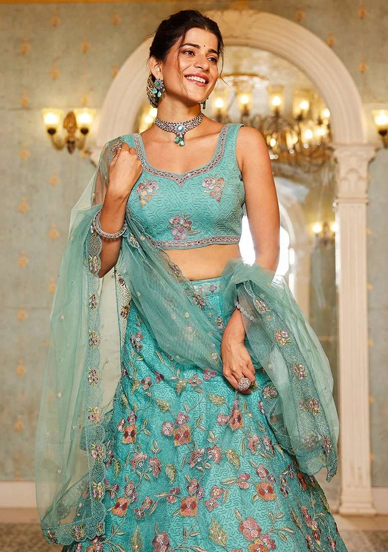 Green Net Lehenga Set with Embroidery for Diwali | Wedding & Festive Wear - Indya