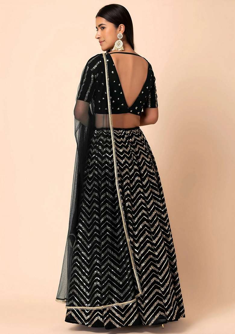 Black Georgette Lehenga Set with Embroidery for Diwali | Wedding & Festive Wear - Indya
