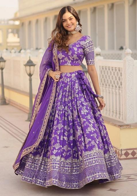 Purple Embroidery Jacquard Lehenga Set