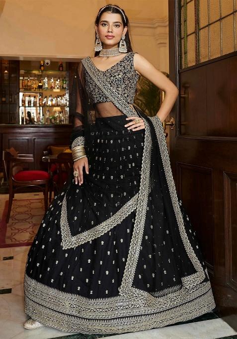 Black Sequins Net Lehenga Set — view on Indya
