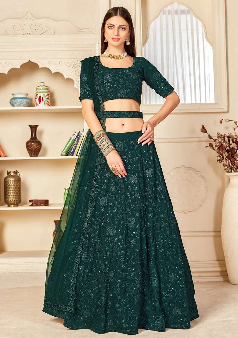 Green Embroidery Georgette Lehenga Set for Diwali and Festive Wear - Indya