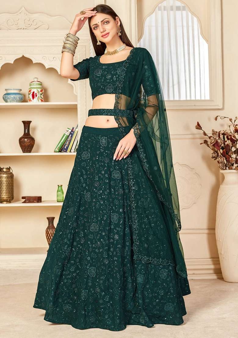 Green Embroidery Georgette Lehenga Set for Diwali and Festive Wear - Indya