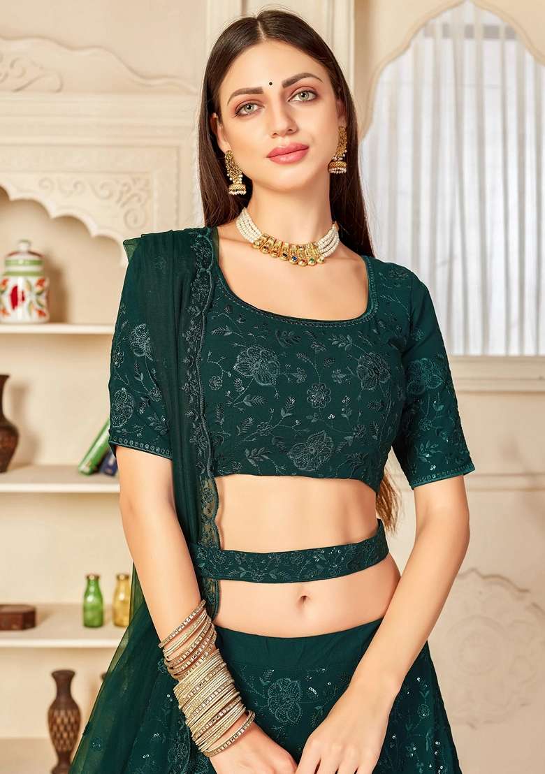 Green Embroidery Georgette Lehenga Set for Diwali and Festive Wear - Indya