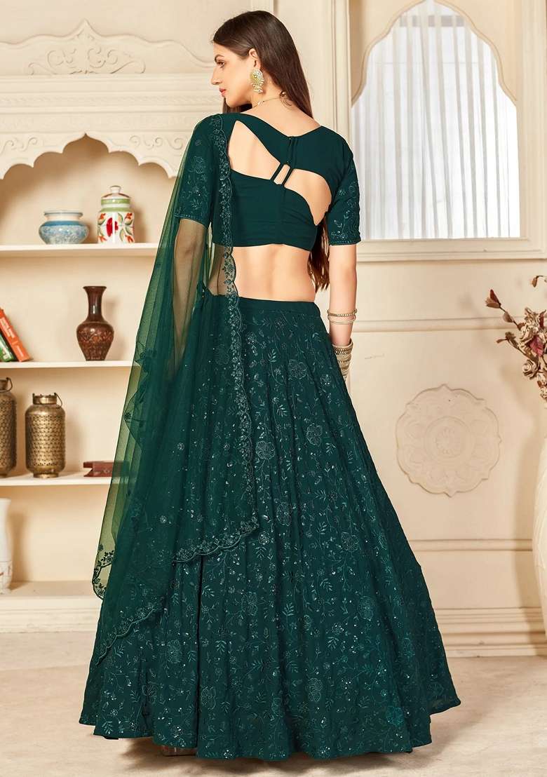Green Embroidery Georgette Lehenga Set for Diwali and Festive Wear - Indya