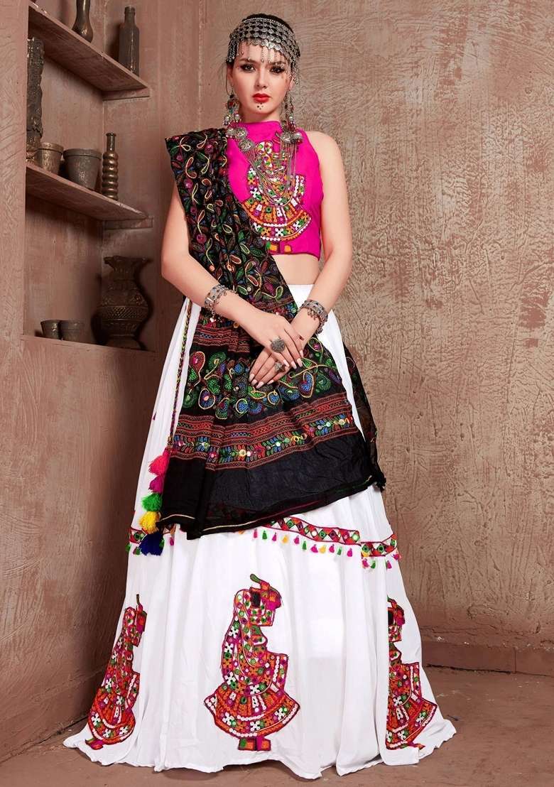 White Embroidery Cotton Chaniya Choli Set For Navratri And Garba for Diwali and Festive Wear - Indya