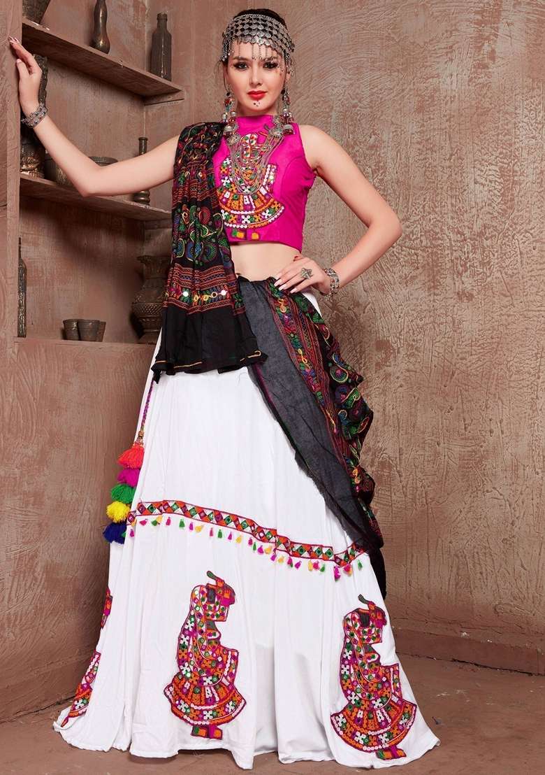 White Embroidery Cotton Chaniya Choli Set For Navratri And Garba for Diwali and Festive Wear - Indya