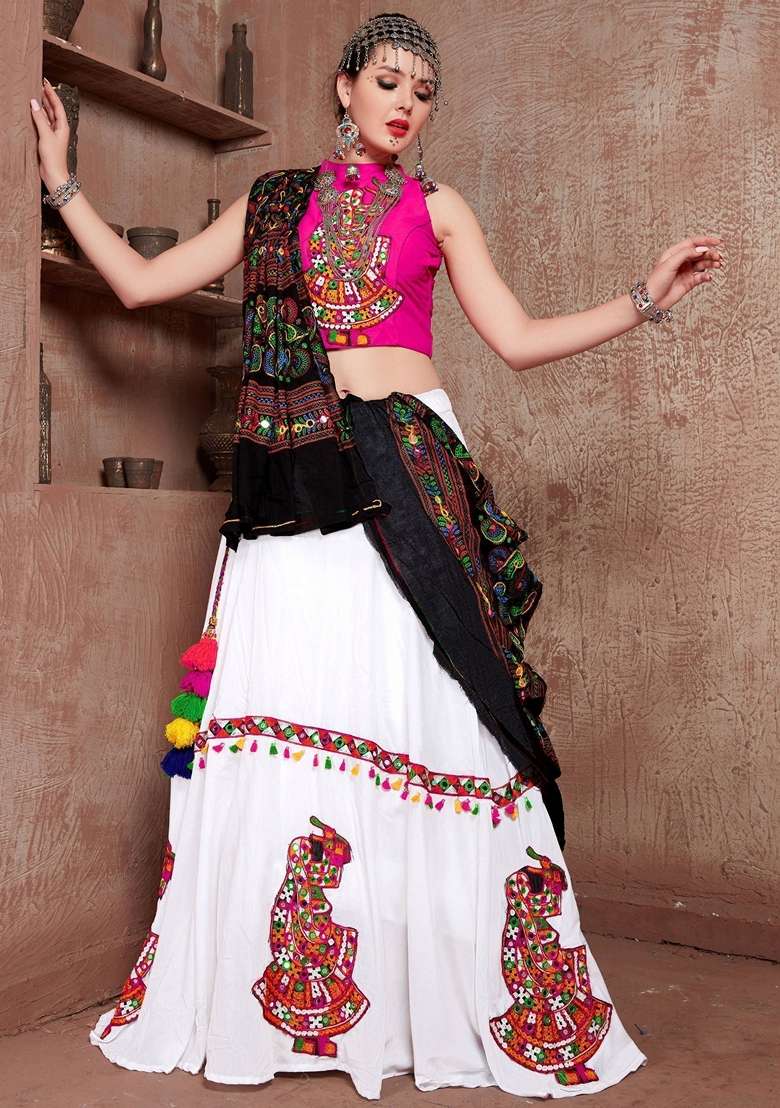 White Embroidery Cotton Chaniya Choli Set For Navratri And Garba for Diwali and Festive Wear - Indya