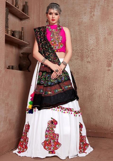 White Embroidery Cotton Lehenga Set — view on Indya